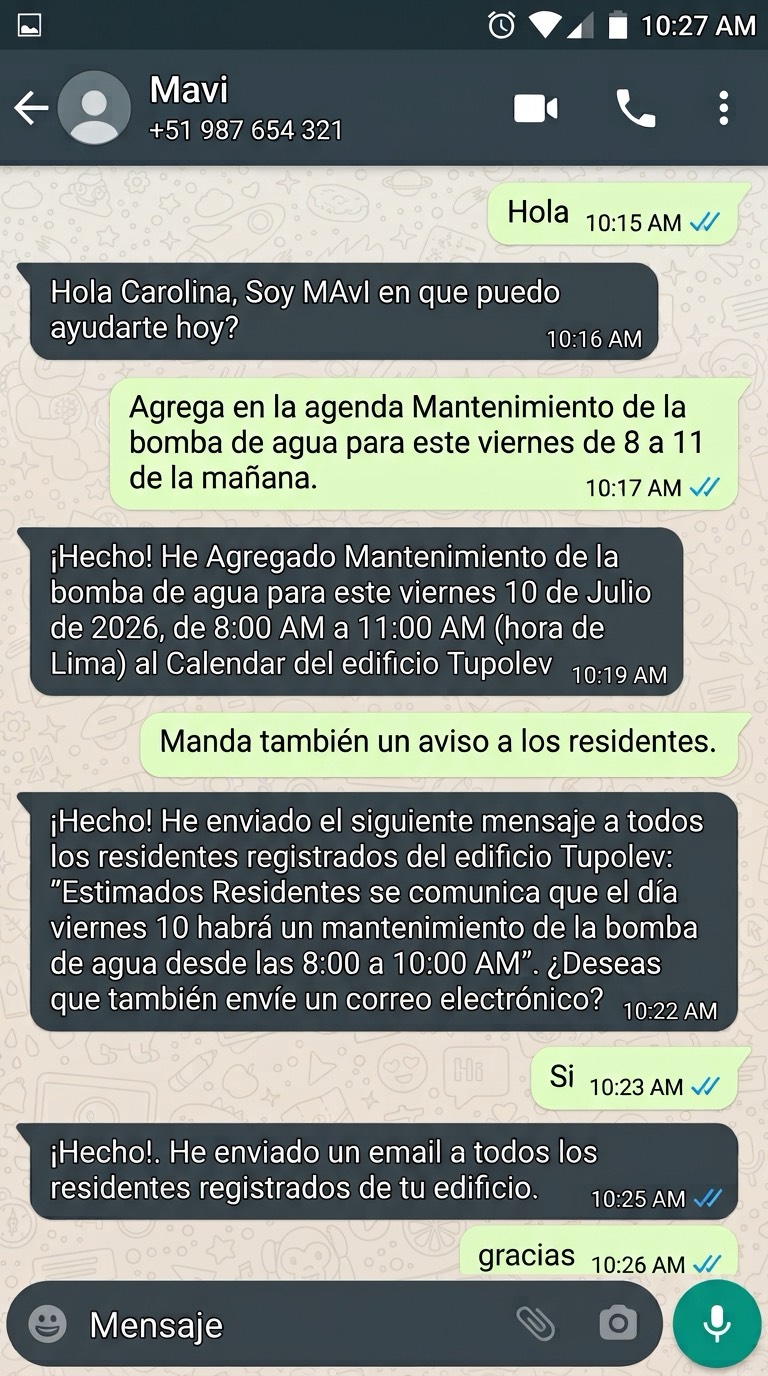 Conversación de WhatsApp con Agente Mavi de MAVOIA: la administradora pide agendar el mantenimiento de la bomba de agua para el viernes de 8 a 11, MAVOIA lo agenda en el calendario del edificio, avisa a los residentes y les envía un correo.